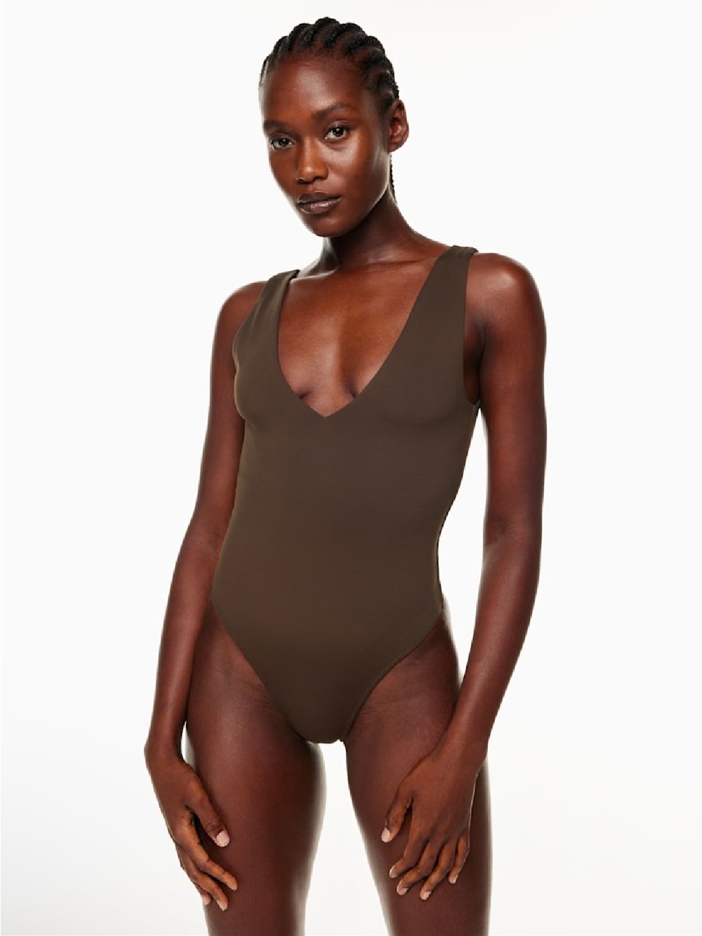 (M) Aritzia Babaton Contour V-neck Bodysuit Dark Brown Medium Plunge Plunging